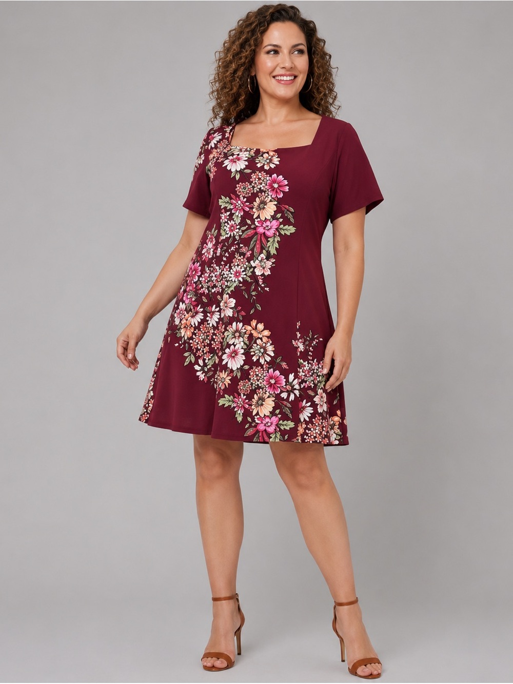 London Times Wine Floral Square-Neck Mini Dress